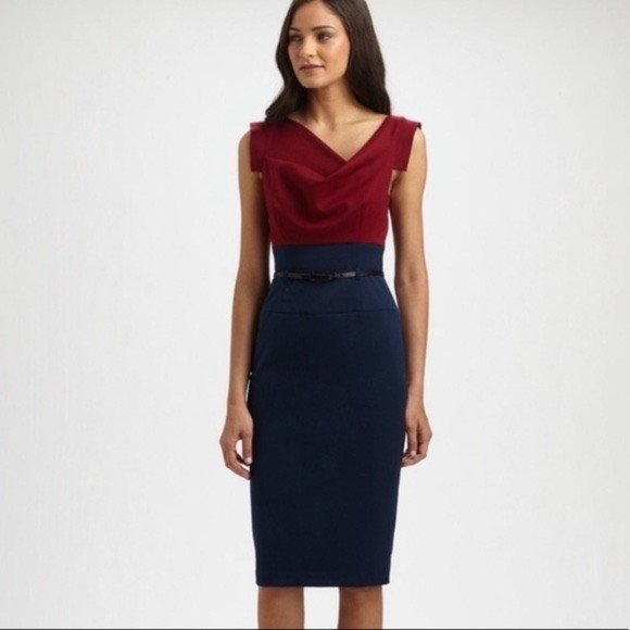 Black Halo Dresses & Skirts - Black Halo Jackie O Sheath Dress Red Blue Two Tone Belted Size 8